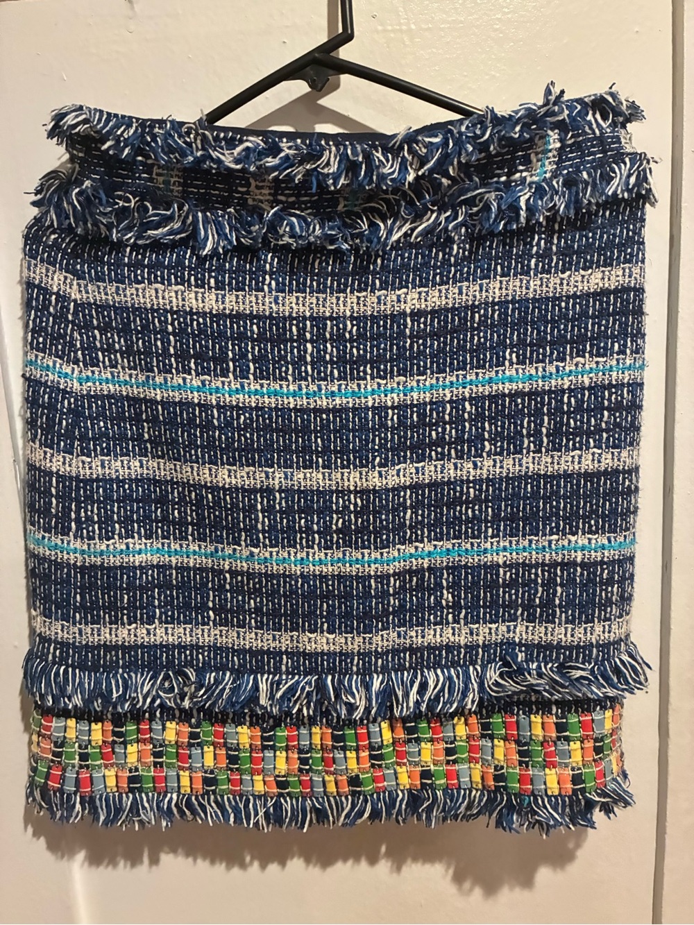 Tory Burch Blue Nora Normandy Tweed Mini Skirt with Multicolor Bead Hem